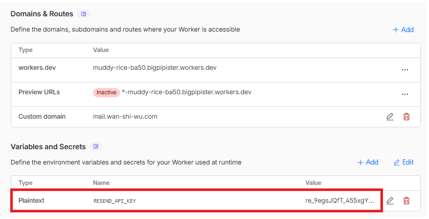 在 Worker 的 Variables and Secrets 設定 Resend API Key