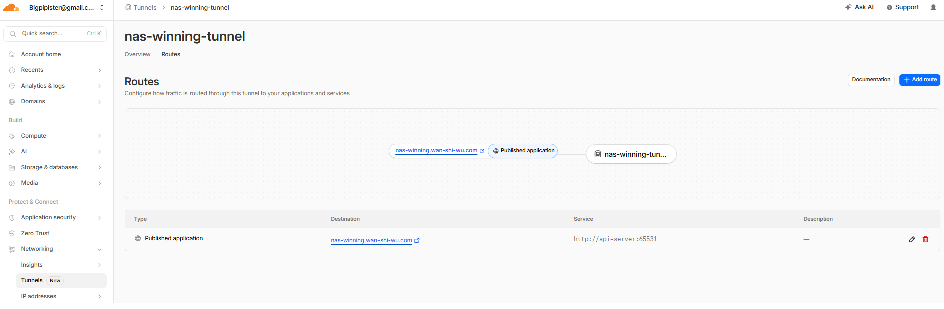 在 Tunnel Routes 中新增子網域到私有 API 的 route rule
