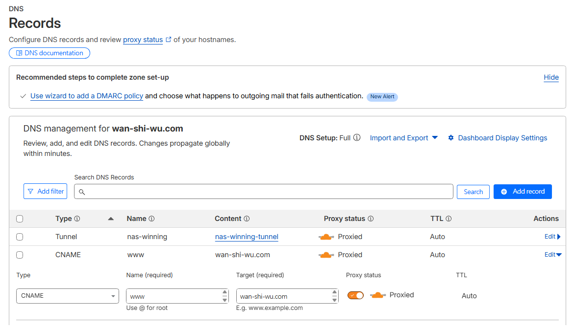 在 DNS Records 新增 www 的 CNAME 並啟用 Proxied
