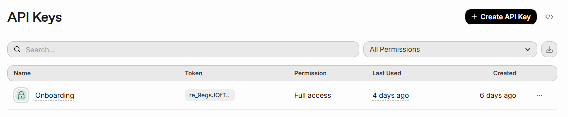 申請 Resend API Key 並選擇 Full access permission